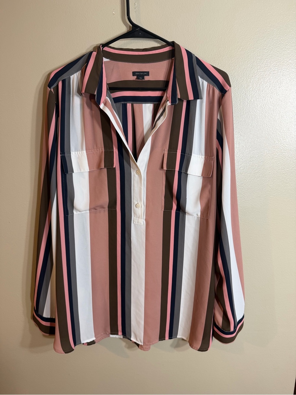 Ann Taylor XXL Striped Pink Brown Navy Popover Blouse